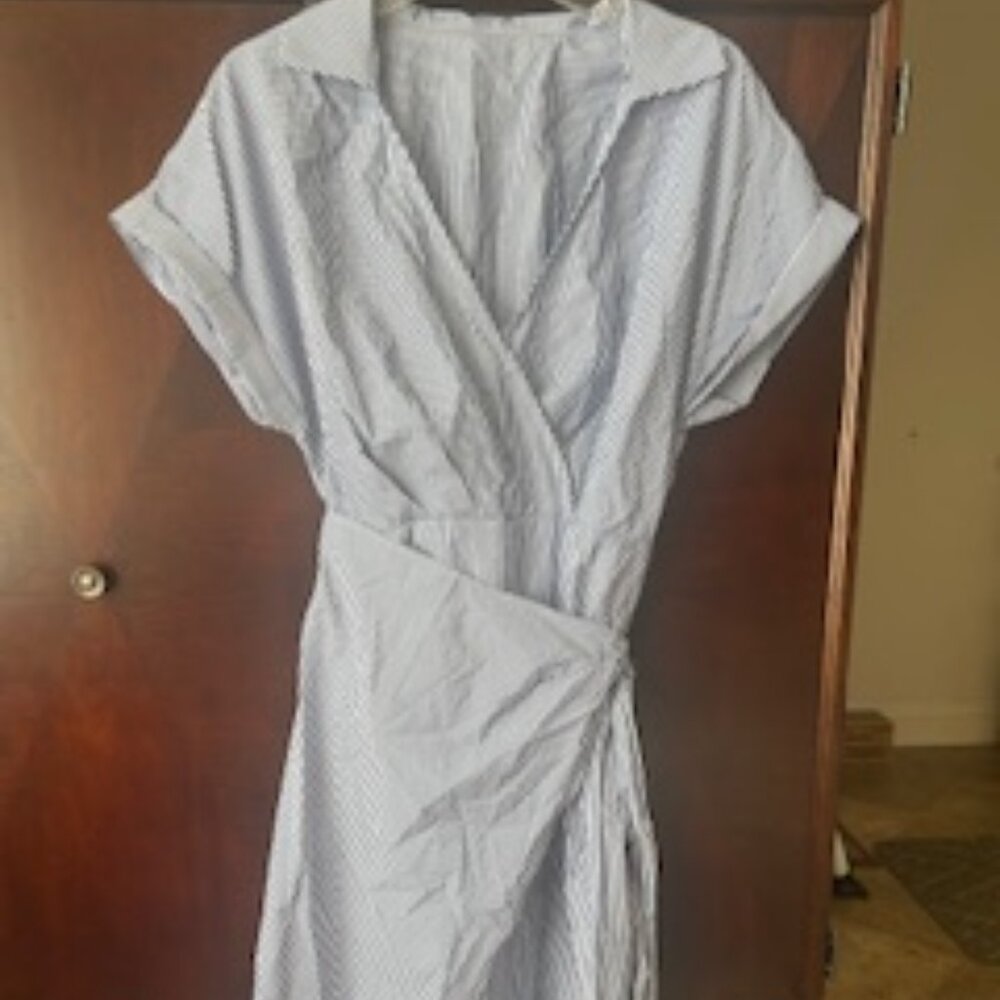 CUPSHE Women's Blue Pin Stripe Collared Wrap Midi Beach Dress, Medium - Picture 6 of 6